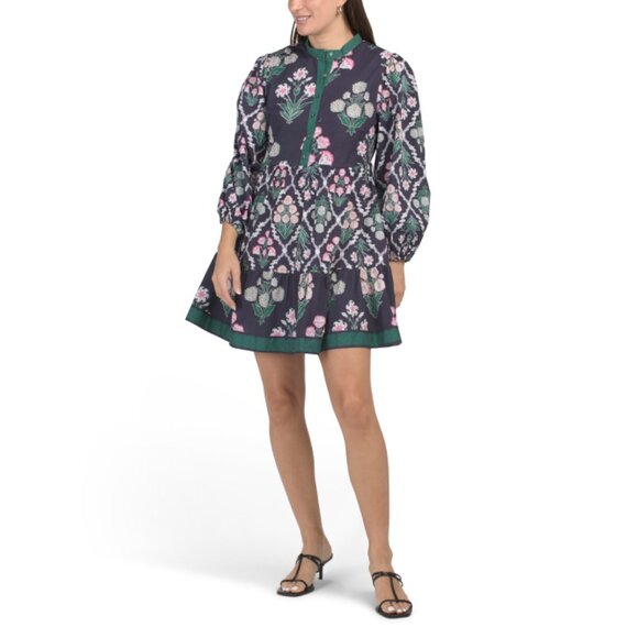 CELINA MOON Navy/pink Long Sleeve Mock Neck Floral Print Mini Dress - Picture 1 of 2